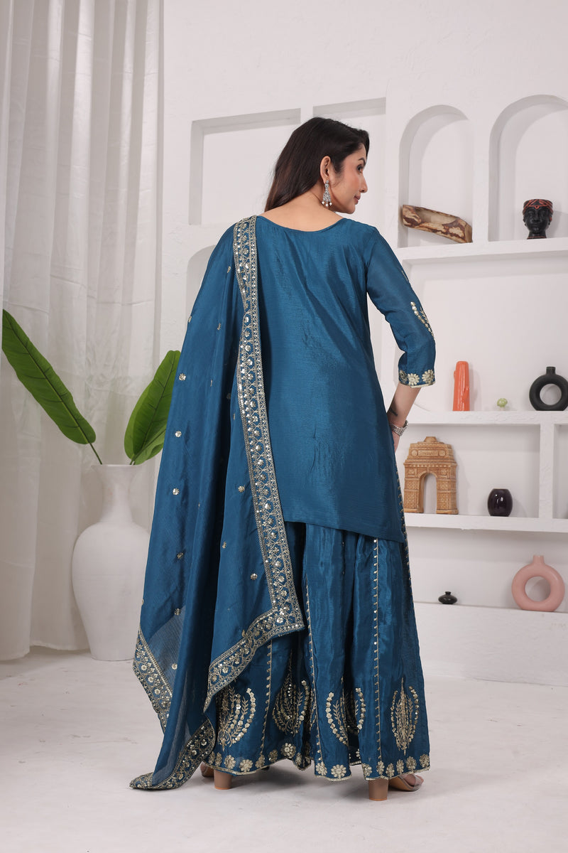 Chinon Silk Kurti Sharara Set with Embroidered Dupatta – Ethnic Party & Festive Wear