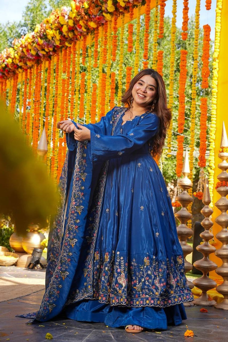 Blue Colour Heavy Silk Sequin Embroidered Gown Plazzo Set with Dupatta