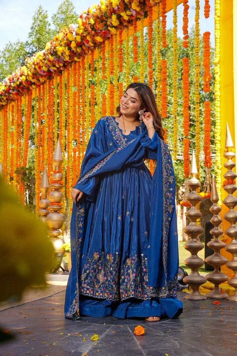 Blue Colour Heavy Silk Sequin Embroidered Gown Plazzo Set with Dupatta
