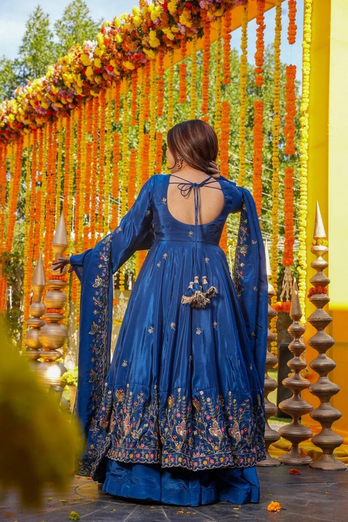 Blue Colour Heavy Silk Sequin Embroidered Gown Plazzo Set with Dupatta